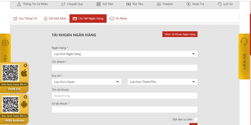 Chọn ngân hàng bạn đang sử dụng và điền thông tin vào biểu mẫu nạp tiền
